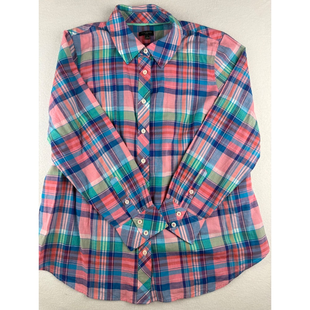 Talbots Plus Size X Womens Pink Blue Green Plaid Cotton Button Down Shirt